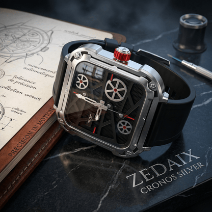 ZEDAIX CRONOS Silver – Silhouette complète bracelet silicone argent 42mm