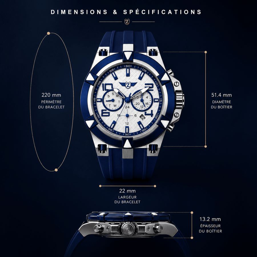 ZEDAIX AZUR Blue - fiche technique officielle : diametre 51,4 mm, epaisseur 13,2 mm, largeur de bracelet 22 mm, tour de bracelet 220 mm